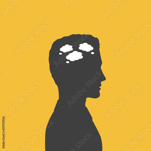 Silhouette profile of man with speech bubbles in his head - metaphor of intrusive thoughts. Poster of obsessions, OCD, ADHD and other mental disorders.