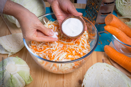 Step-by-step process of harvesting sauerkraut. Autumn pickling of cabbage. The concept of food from fermented canned vegetables.