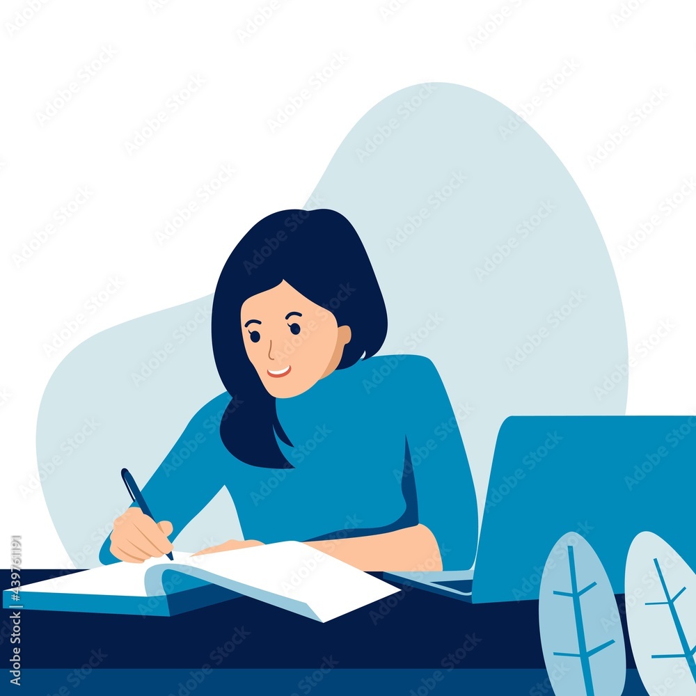 Vector illustration of girl studying. Work from home concept Vector illustration of girl studying. Work from home concept