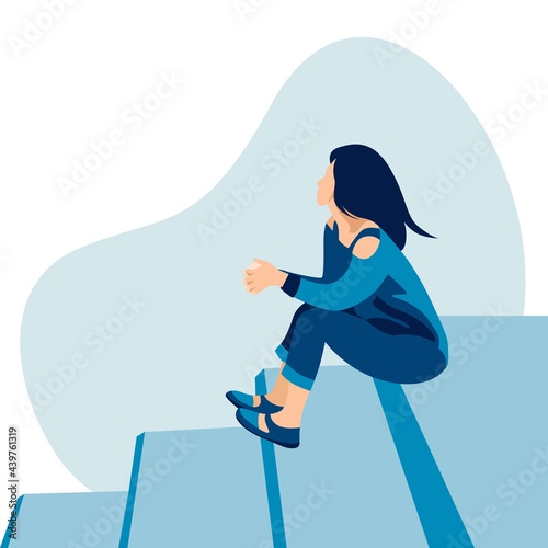 Vector flat illustration of beautiful woman sitting on stairs
