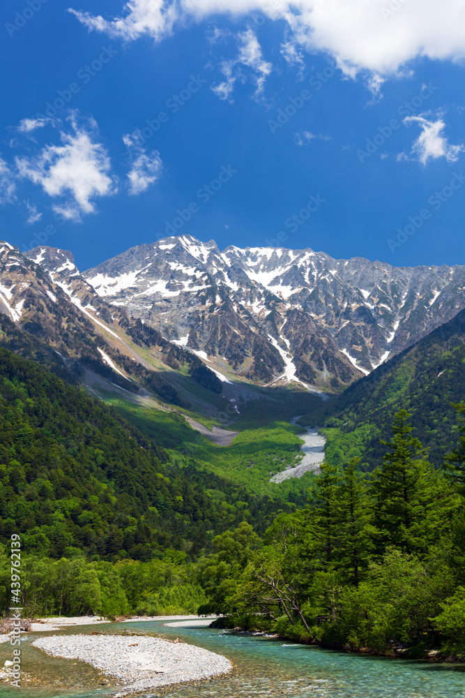 新緑の上高地から臨む穂高連峰