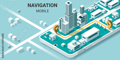 Maps and navigation online on mobile application, City isometric plan with road and buildings, World Map. Isometric smart city concept. 3d vector illustration.