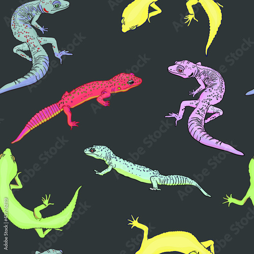 Seamless illustration of geckos  i am lizards. Pets pattern for printing on paper  clothing  tableware  bed  pet supplies  pet shops  baby clothes 