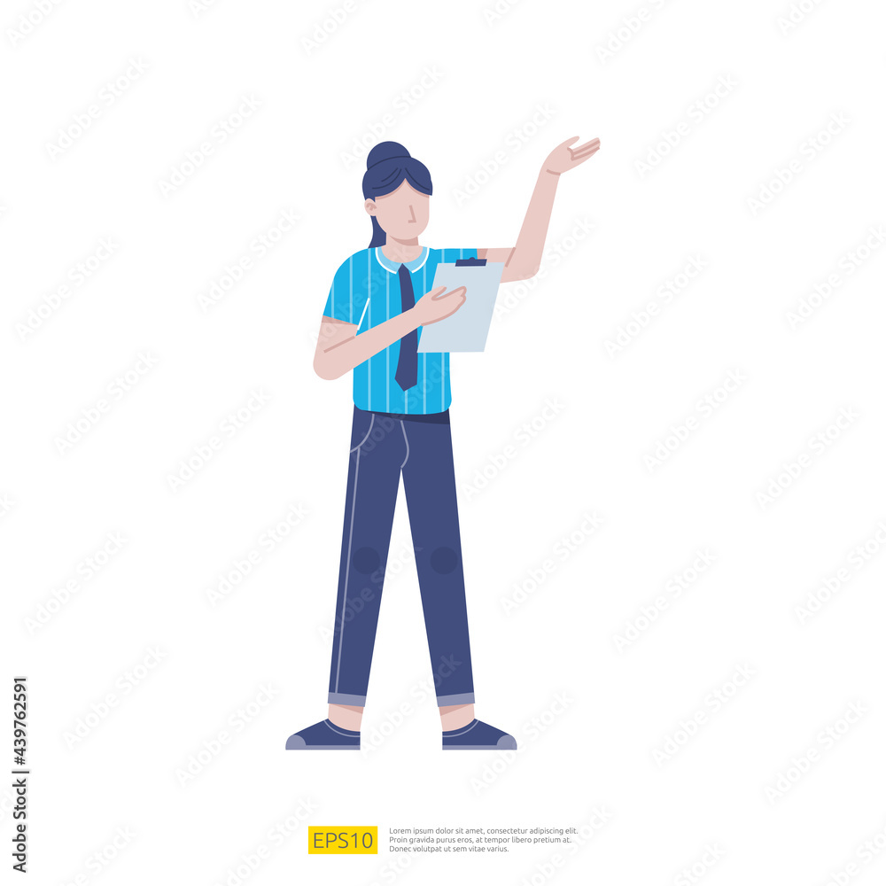 businesswoman or young woman worker character presentation pose with hand gesture and checklist document in flat style isolated vector illustration businesswoman or young woman worker character presentation pose with hand gesture and checklist document in flat style isolated vector illustration