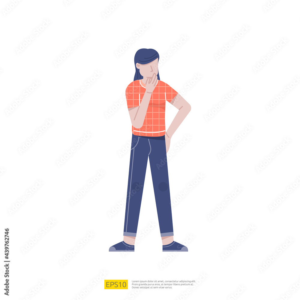 girl doubts and has a question gesture. young standing woman thinking with question and in think problem expression. Vector illustration girl doubts and has a question gesture. young standing woman thinking with question and in think problem expression. Vector illustration