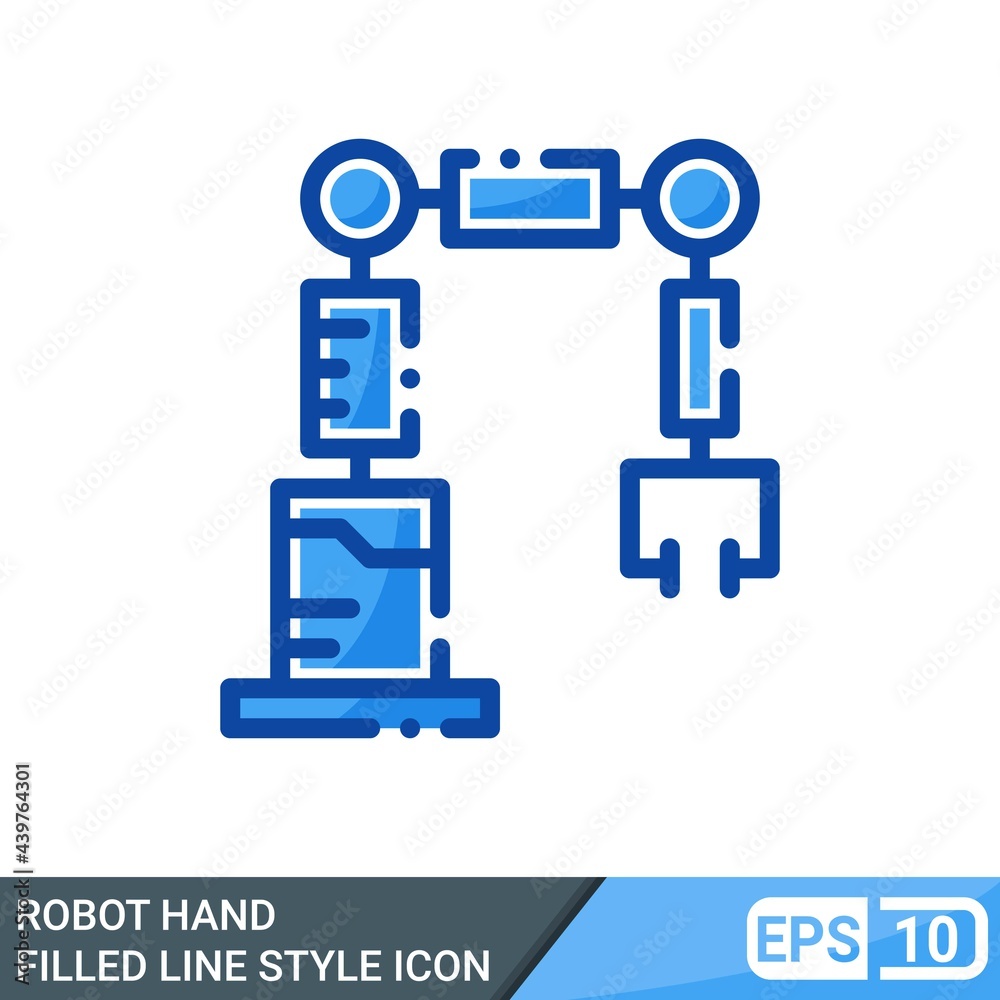 Industry Technology 4.0 icon, sign robot hand, factory automation. Manage online production. Filled line style icon. Eps 10