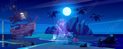 Tropical island with ghost of pirate and broken ship at night. Vector cartoon sea landscape with sail boat after shipwreck with skull on black sails, palm trees and spirit of dead captain with hook