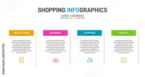 Concept of shopping process with 4 successive steps. Four colorful graphic elements. Timeline design for brochure, presentation, web site. Infographic design layout.