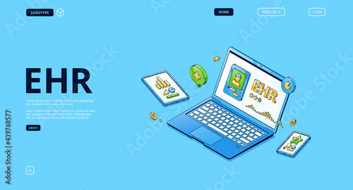 Electronic health record banner. Patient medical report in digital file, online healthcare data. Vector landing page with isometric illustration of laptop and smartphone with patient profile on screen
