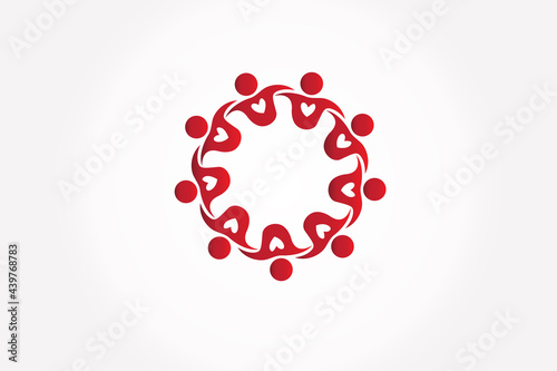 Logo teamwork with a big heart unity people in a hug voluntary , charity , non profit , collaboration concepts vector image graphic illustration design template