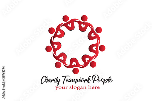 Logo teamwork with a big heart unity people in a hug voluntary , charity , non profit , collaboration concepts vector image graphic illustration design template