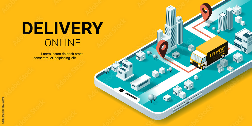 Online delivery service on smartphone, Smart logistics, Online order. City logistics. Truck, warehouse and parcel box. Concept for website or banner. Isometric Vector illustration