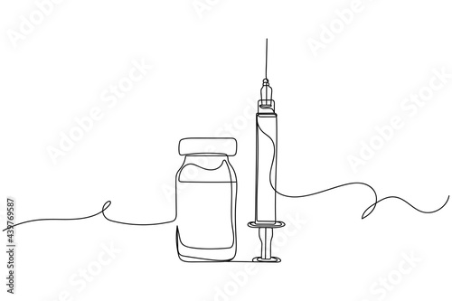 Continuous one line of bottle and syringe vaccine in silhouette on a white background. Linear stylized.Minimalist.
