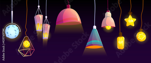 Ceiling lamps, glowing electric bulbs, incandescent modern lightbulbs of different shapes and design hanging from above. Light equipment isolated on black background. Cartoon vector illustration, set