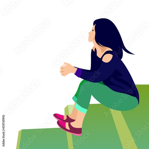 Daydream cute girl sitting on stairs