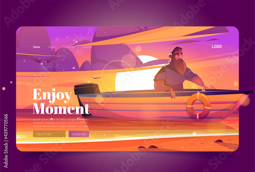 Enjoy moment banner with man in boat on sunset background. Vector landing page of tranquility rest at nature with cartoon illustration of landscape with lake, orange sky and person with beard in boat
