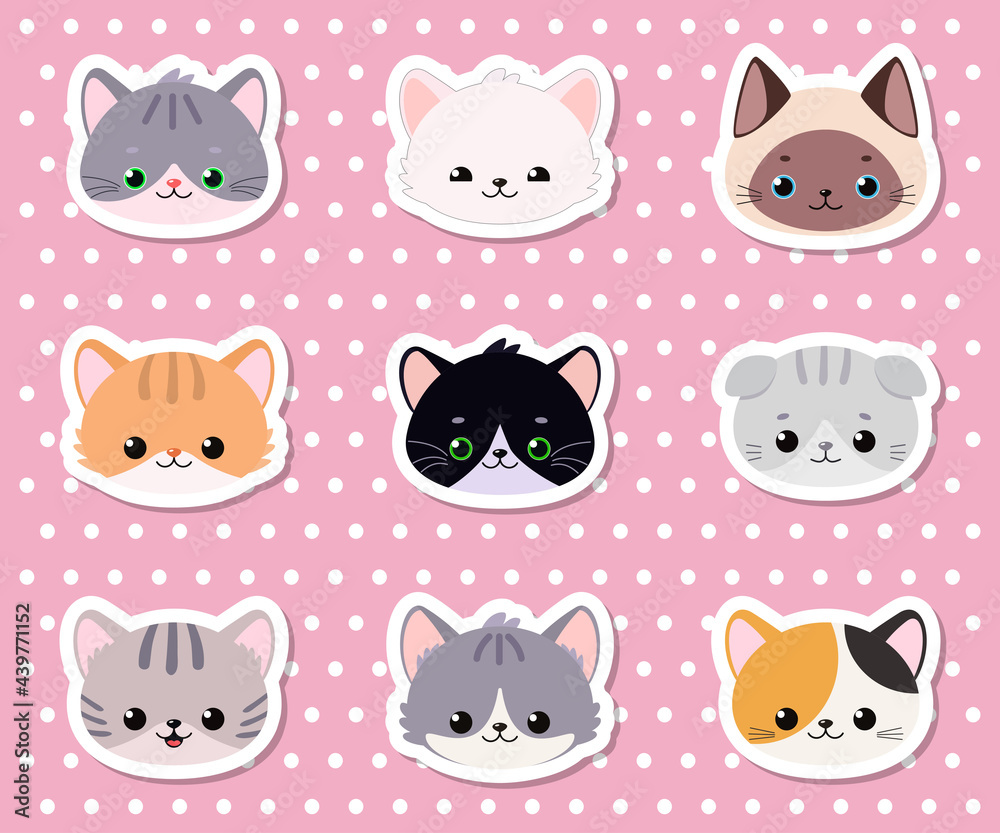 Set of stickers of cute cat faces on pink background. Cartoon flat style
