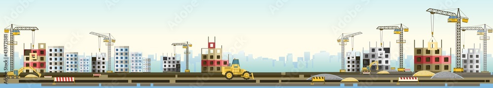 Construction of new microdistrict of city. Modern residential and industrial buildings. Horizontal. technologies and equipment. Illustration vector