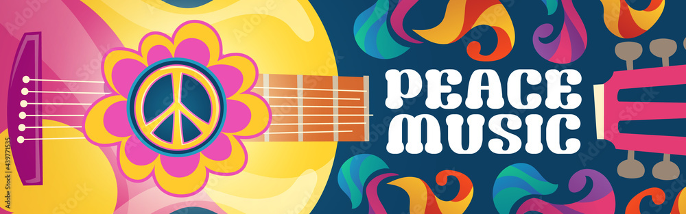 Hippie music cartoon banner with acoustic guitar and peace symbol on colorful ornate psychedelic background. Rock-n-roll hippy musical disco party, pop concert, festival live event Vector retro design - obrazy, fototapety, plakaty 