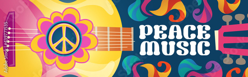 Fotografie, Obraz Hippie music cartoon banner with acoustic guitar and peace symbol on colorful ornate psychedelic background