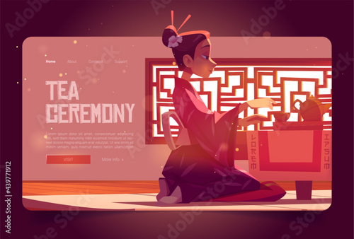 Tea ceremony cartoon landing page, invitation in asian restaurant, woman wear traditional kimono in Chinese or Japanese cafe sit at served low table on floor, authentic cafeteria vector web banner
