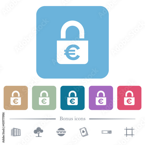 Locked euros flat icons on color rounded square backgrounds