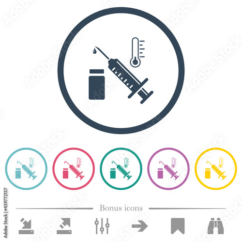 Vaccine storage temperature flat color icons in round outlines