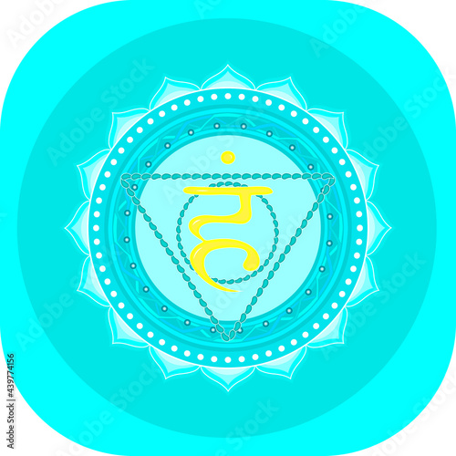 The fifth chakra of Vishudha. Throat chakra with Hindu Sanskrit. Blue is a flat symbol of meditation, yoga. Vector
