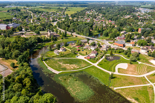 new well-kept park for a walk in Dobele  Latvia  facilitated footpath in the city park  aerial view