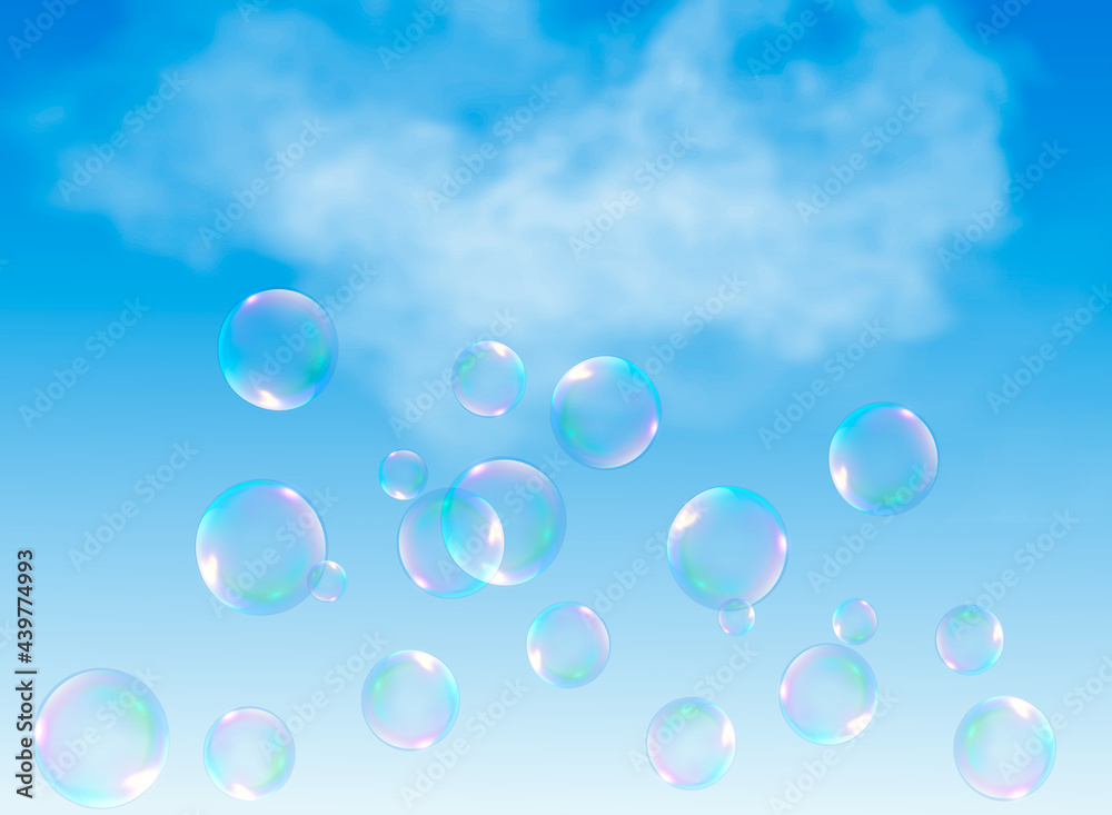 Set of realistic colorful soap bubbles to create a design. Transparent realistic soap bubbles isolated on transparent background.