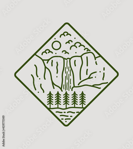 Design for Yosemite Falls National Park in line art style, badge design, T-shirt Art, Tee Design