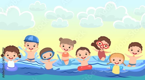 Children fun and splashing in water. Waves. Swimming, diving and water sports. Beach landscape. Illustration in cartoon style. Flat design. Vector art