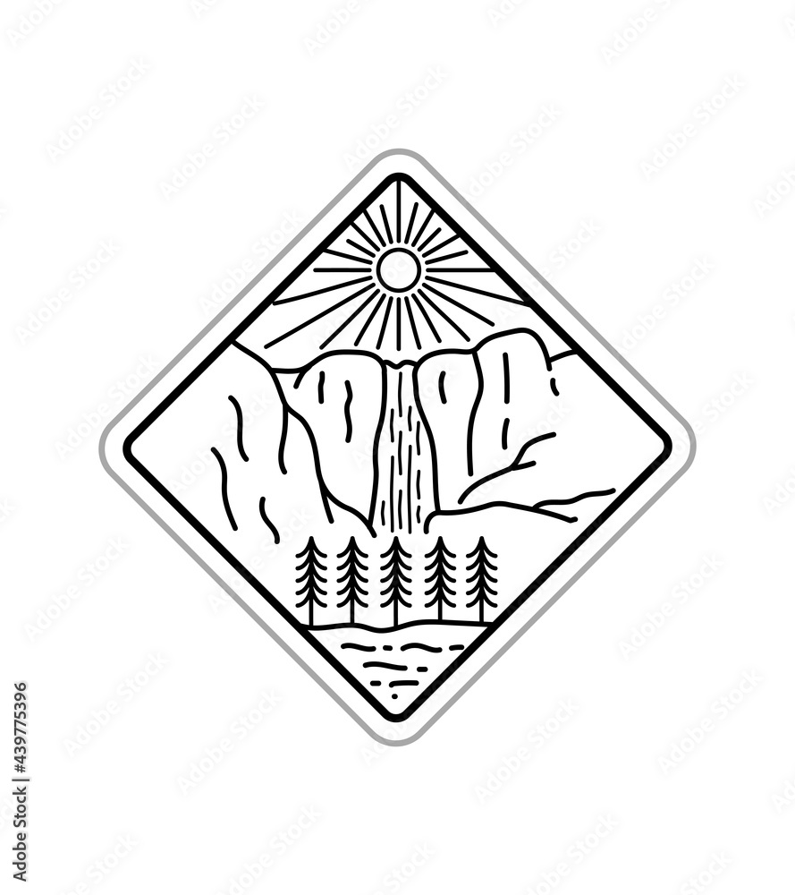 Design for Yosemite's waterfall National Park in line art style, badge design, T-shirt Art, Tee Design
