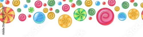 Sweets and scattered. Assorted dessert interspersed. Candy caramel. Seamless. Top seamless border. Flat Background illustration. Vector