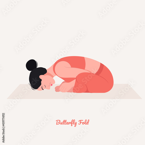  Butterfly Fold Yoga pose. Young woman practicing yoga  exercise. Woman workout fitness, aerobic and exercises. Vector Illustration.