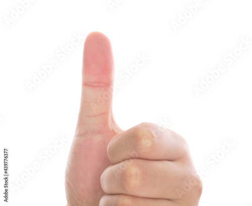 Thumbs up in front of white background