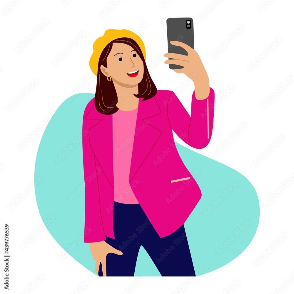 People illustration. Beautiful girl take selfie with phone camera