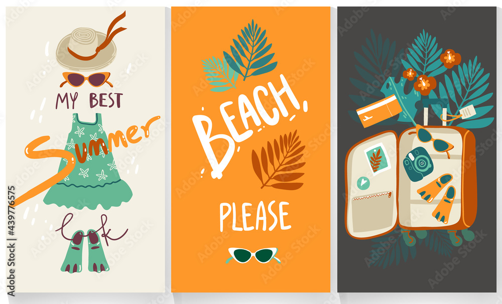Summer cards about traveling and vacation with hand lettering.