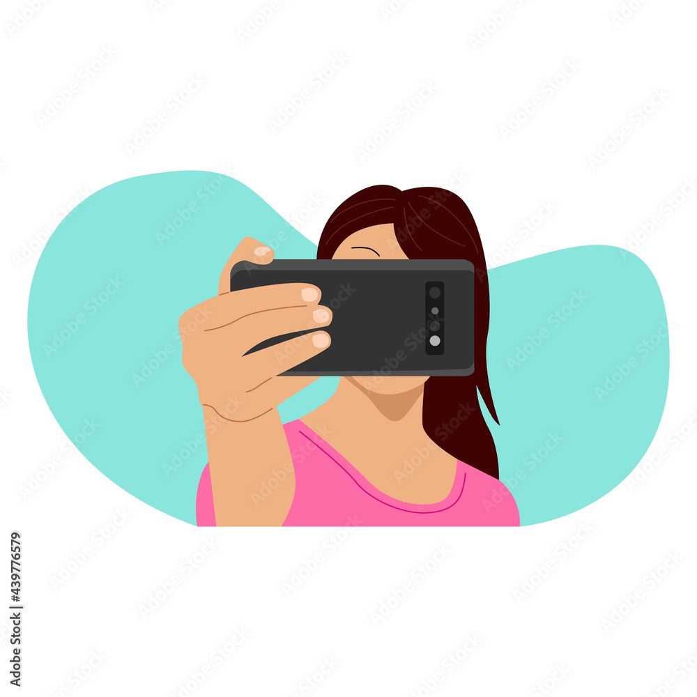 People illustration. Girl take a selfie with camera phone