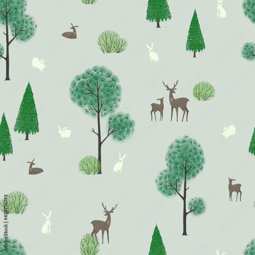 Seamless pattern with forest and forest animals, deers and rabbits. Scandinavian style.