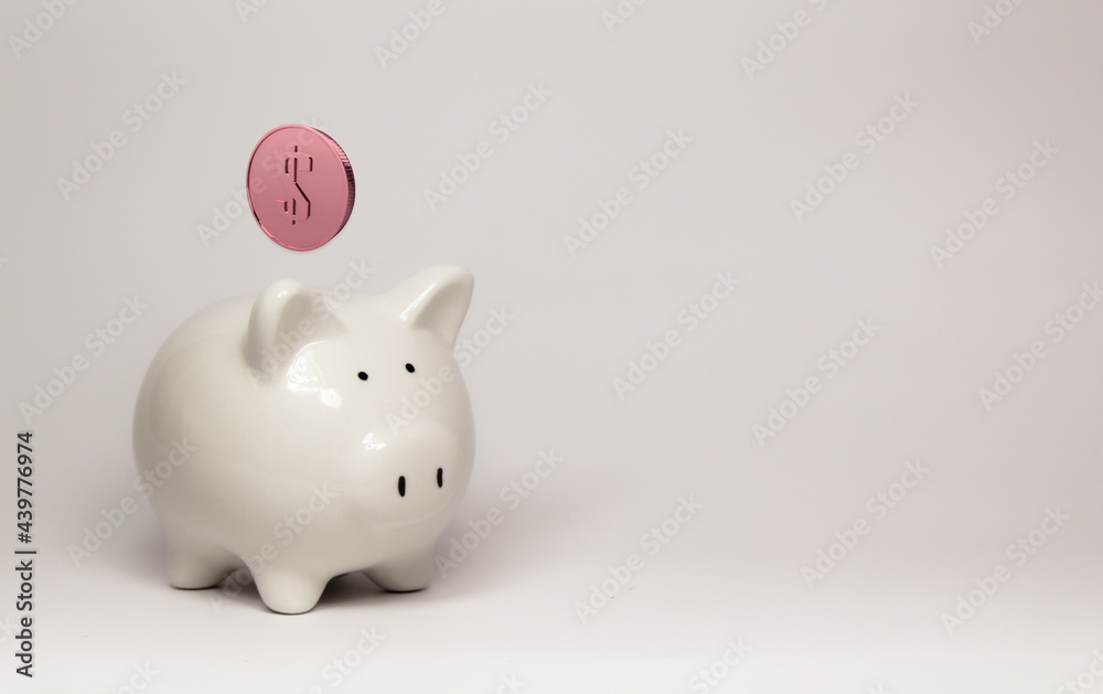 Piggybank white saving and investing, financial and banking management, white backdrop.