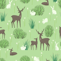 Fototapete Waldtiermuster Rehe und Hasen im Skandinavischen Wald  © dinkoobraz