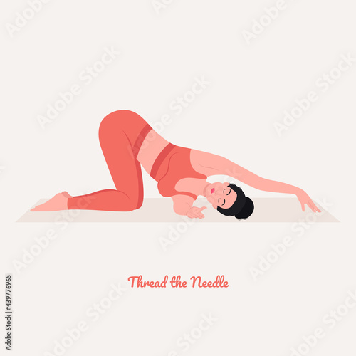   Thread the Needle Yoga pose. Young woman practicing yoga  exercise. Woman workout fitness, aerobic and exercises. Vector Illustration.