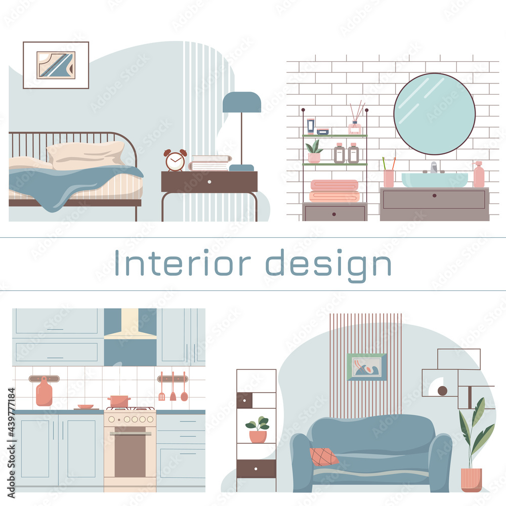 Set of illustrations with interior design. Furniture and accessories for cozy home. Kitchen, bedroom, living room and bathroom. Posters for a magazine or website.