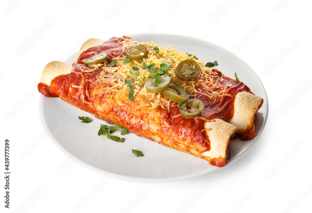 Plate with tasty cooked enchilada on white background Plate with tasty cooked enchilada on white background