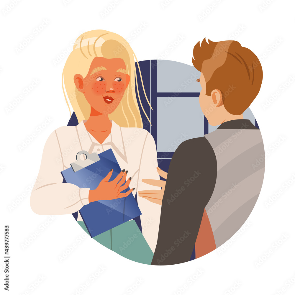 Fototapeta premium Man and Woman Office Worker at Workspace Talking with Each Other Circle Vector Composition