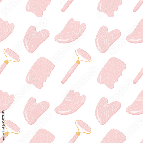 Seamless pattern with Rose Quartz Gua Sha Scraping Massage tool and Roller. Natural pink scraper in different shapes. Trendy skin care. Vector background in flat style.