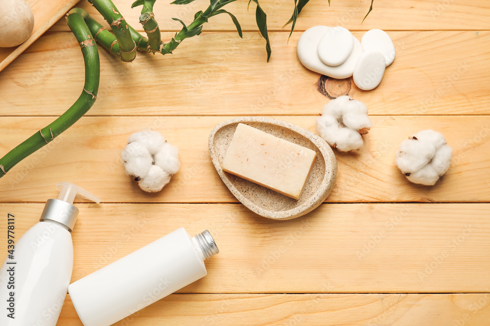 Set of spa supplies on wooden background Set of spa supplies on wooden background