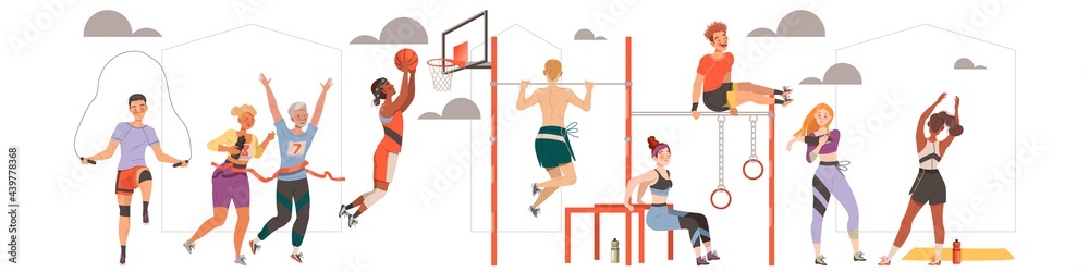 People Characters Doing Sport and Physical Exercise Outdoor Training Body and Muscle Vector Illustration - obrazy, fototapety, plakaty 