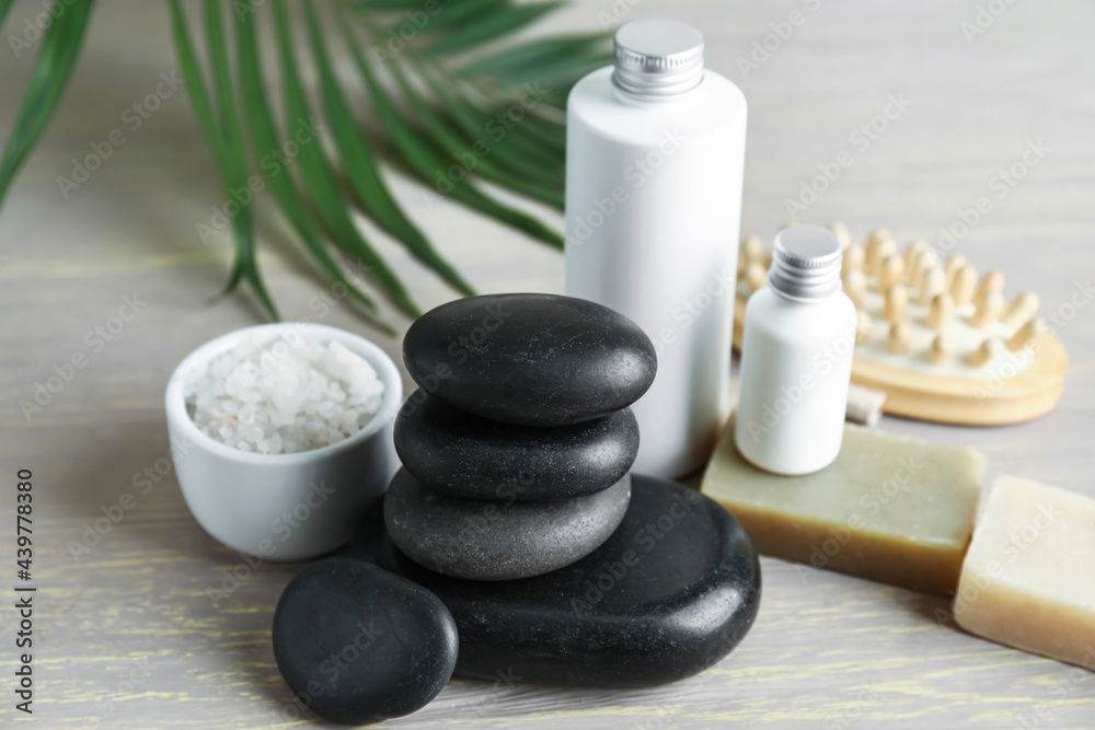 Set of spa supplies on wooden background Set of spa supplies on wooden background